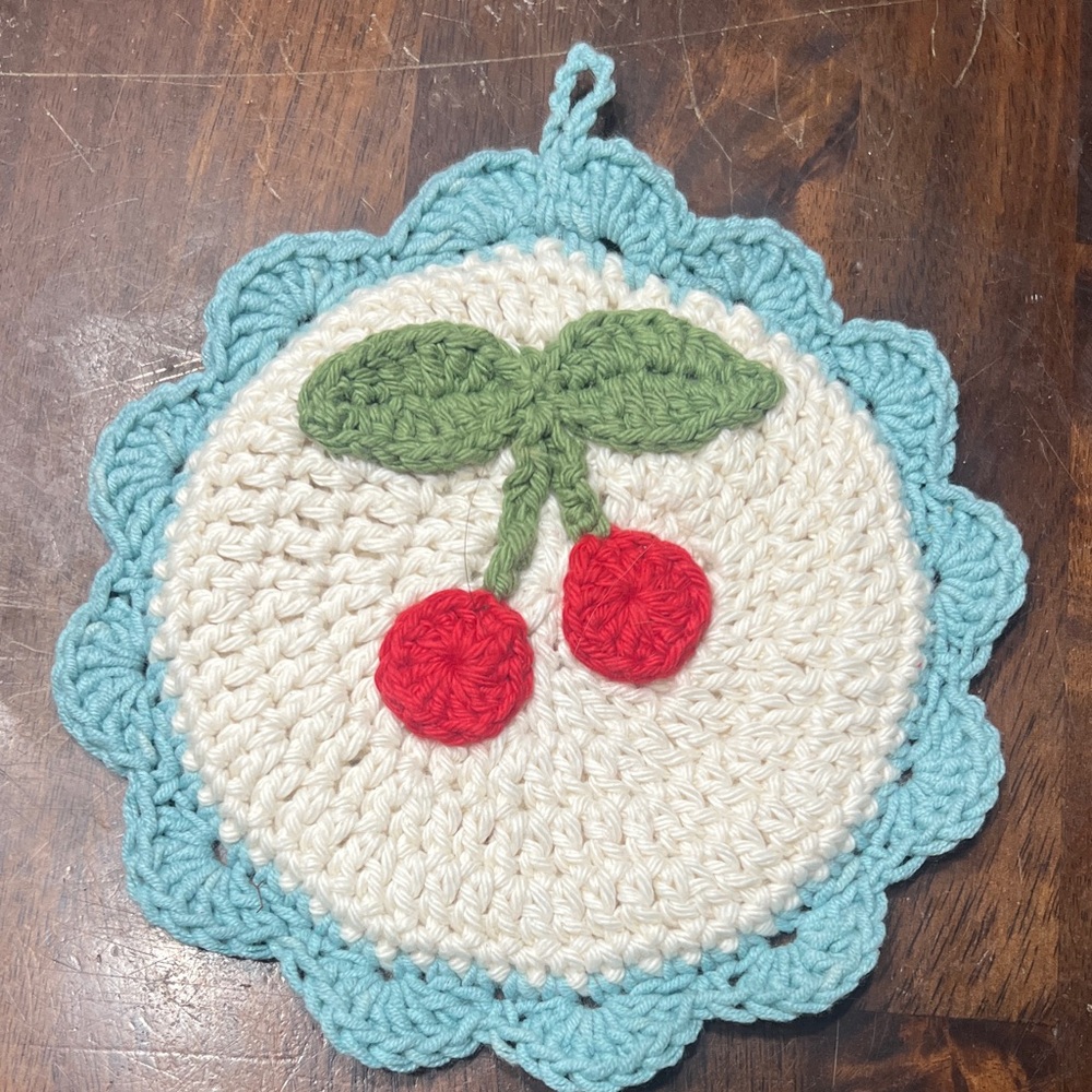 Hand Crafted Crochet Cherry Pot Holder - Red, Green, Cream, Blue